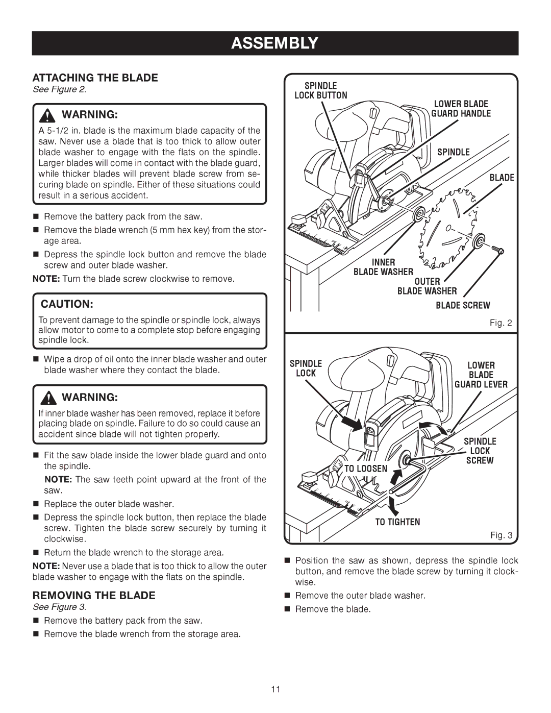 Ryobi P500 manual Attaching the Blade, Removing the Blade 