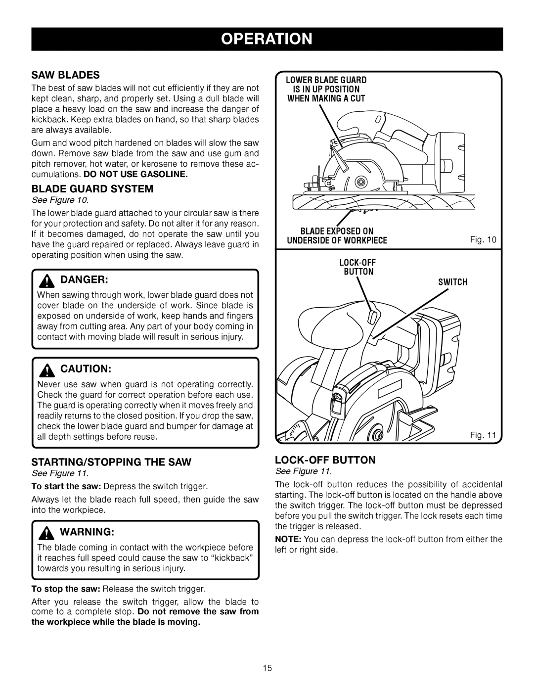 Ryobi P500 manual SAW Blades, Blade Guard System, STARTING/STOPPING the SAW, LOCK-OFF Button Switch 