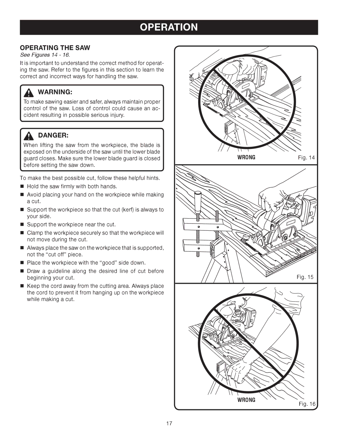 Ryobi P500 manual Operating the SAW, See Figures 14, Wrong 