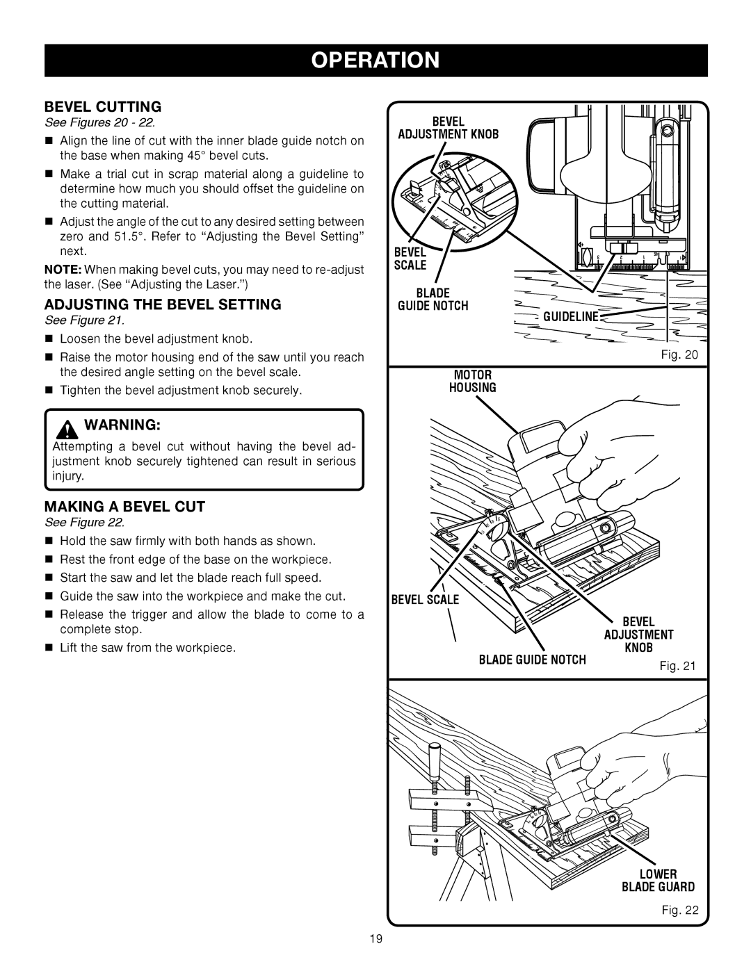 Ryobi P500 manual Bevel Cutting, Adjusting the Bevel Setting, Making a Bevel CUT, See Figures 20 