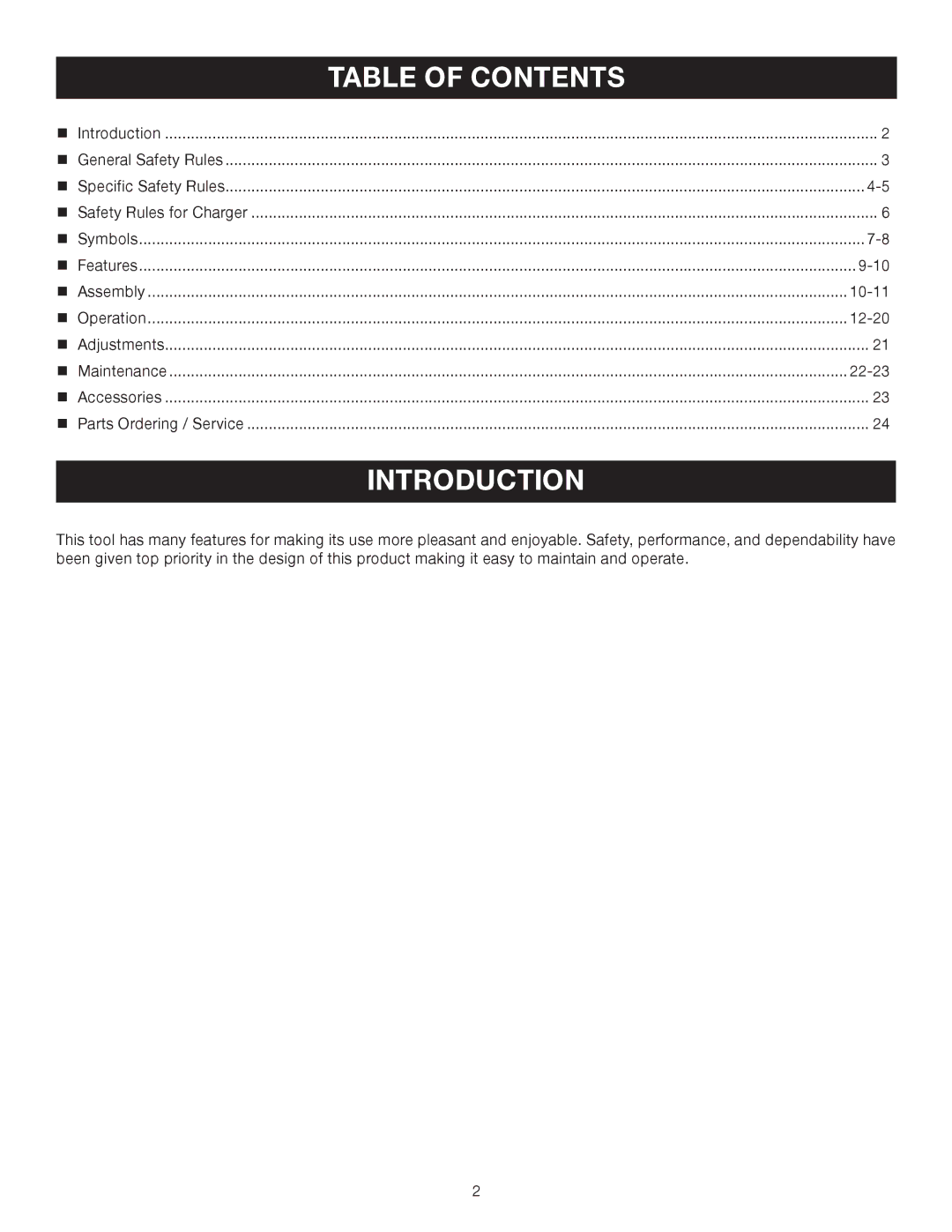 Ryobi P500 manual Introduction, Table of Contents 