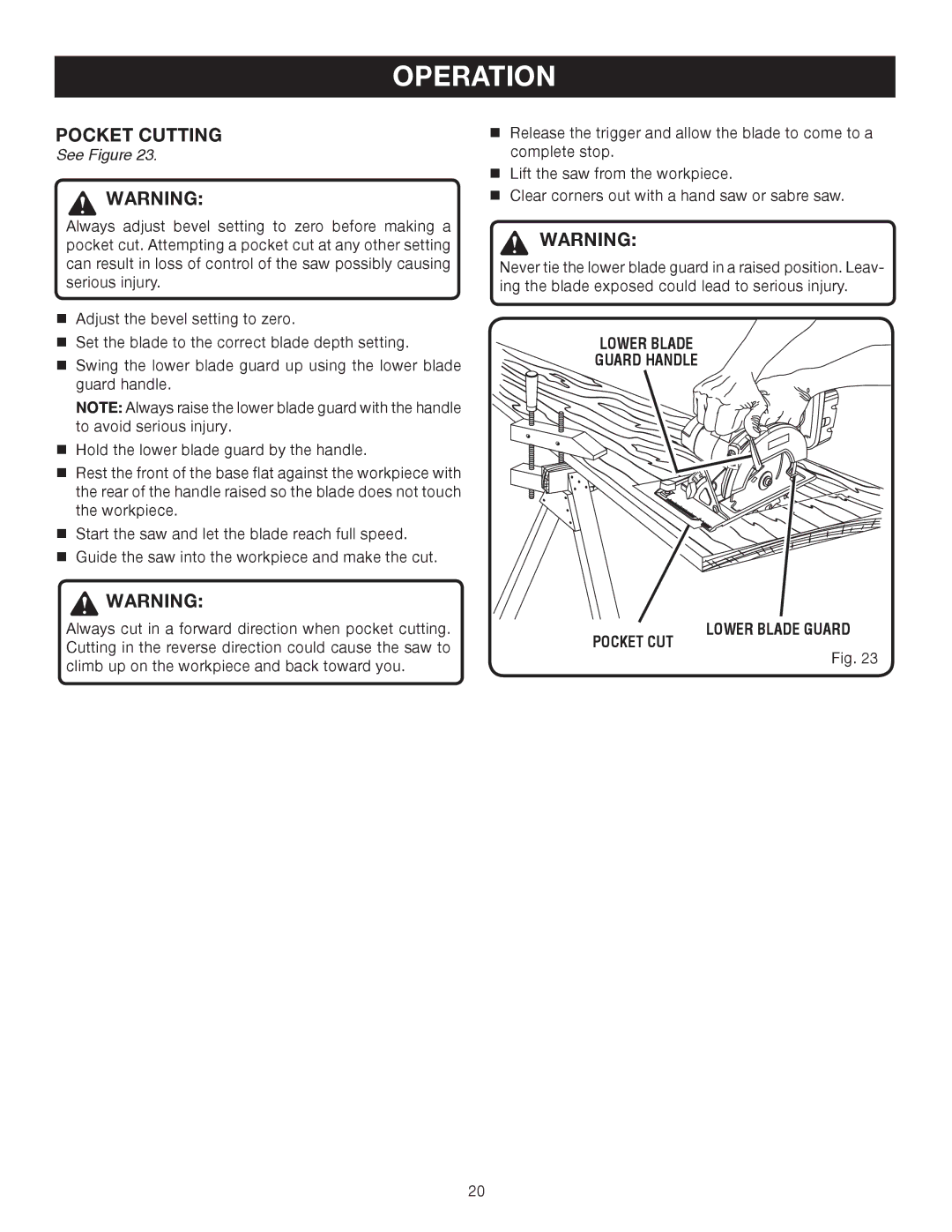 Ryobi P500 manual Pocket Cutting, Pocket CUT Lower Blade Guard 