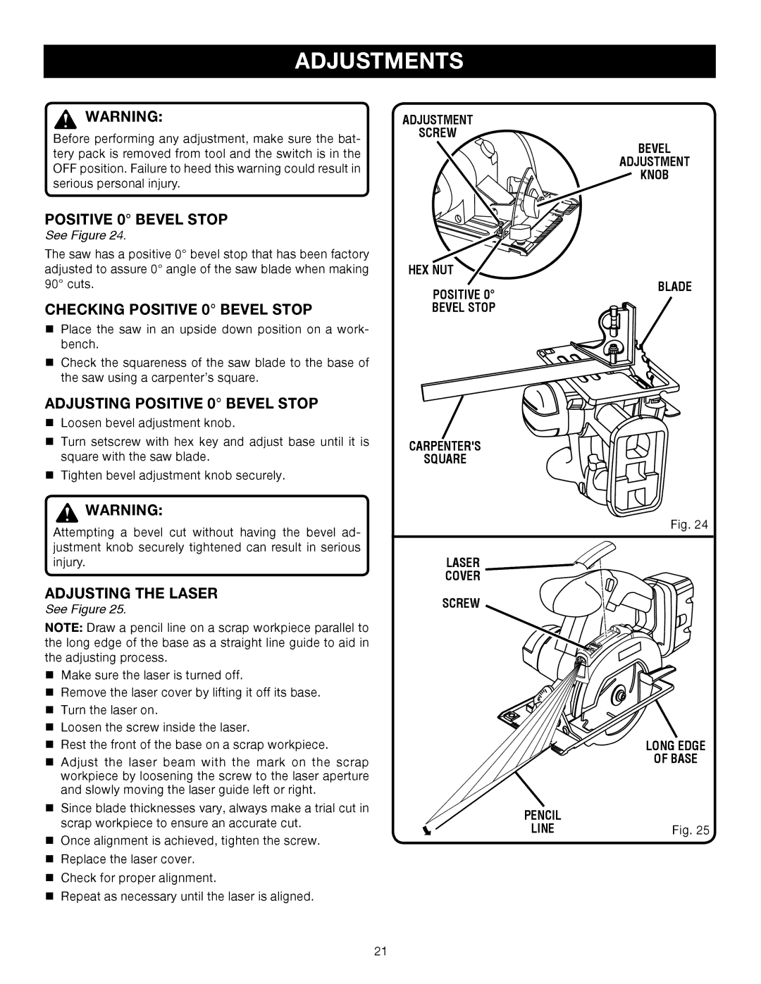 Ryobi P500 manual Adjustments, Checking Positive 0 Bevel Stop, Adjusting Positive 0 Bevel Stop, Adjusting the Laser 