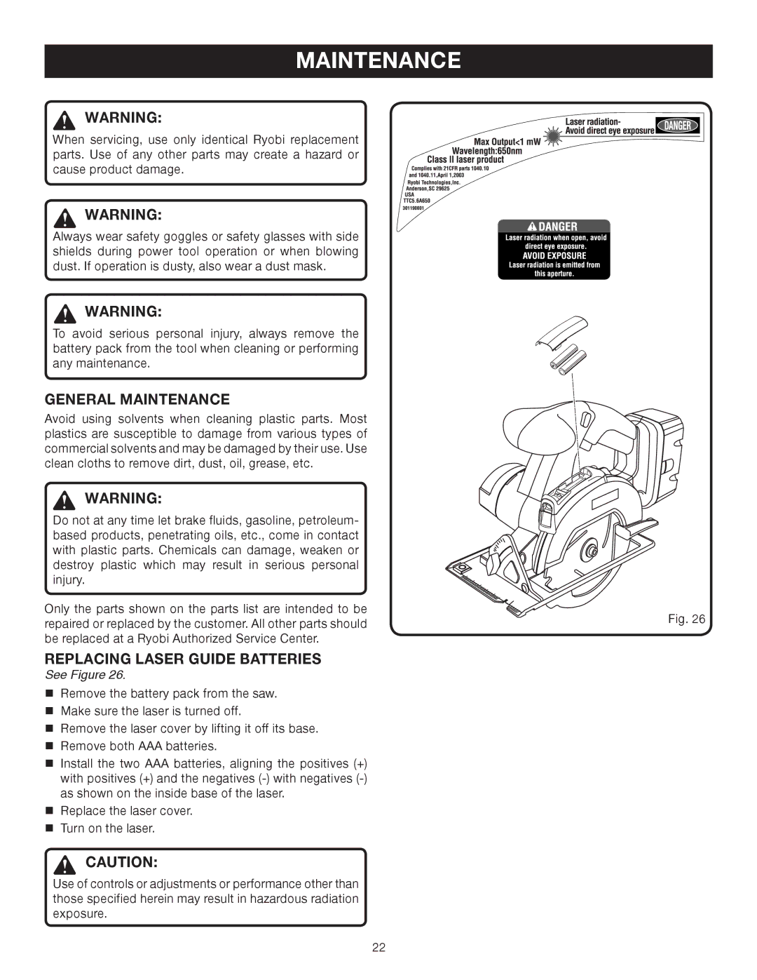 Ryobi P500 manual General Maintenance, Replacing Laser Guide Batteries 