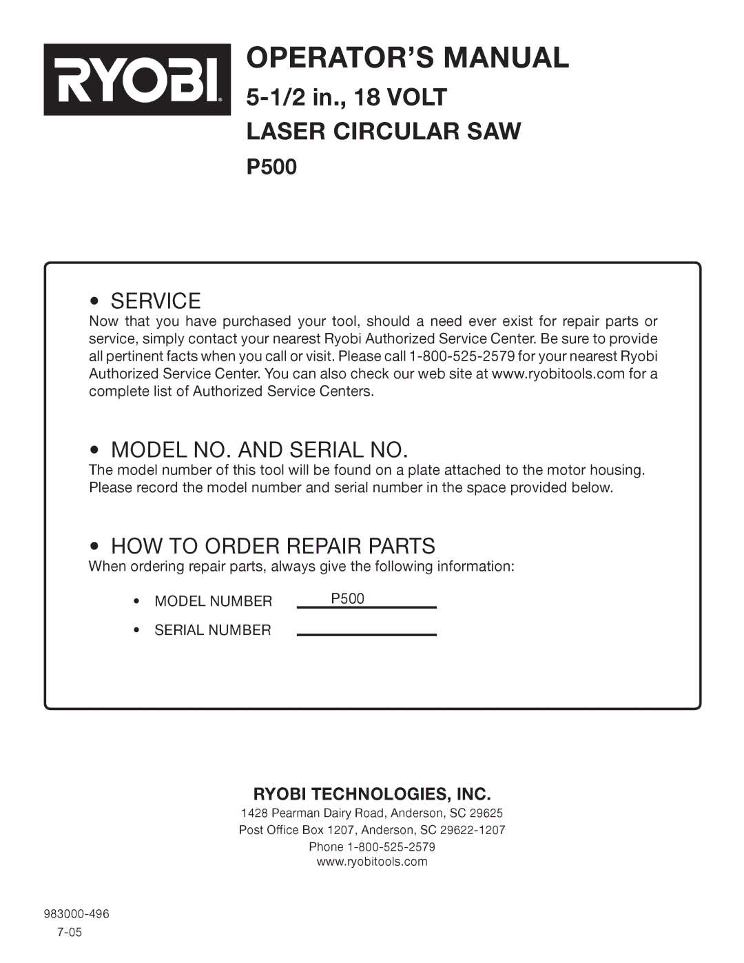 Ryobi P500 manual Service Model NO. and Serial no 