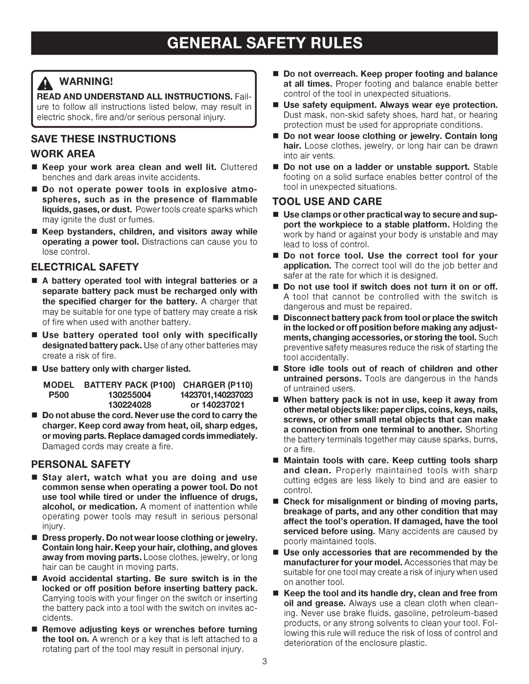 Ryobi P500 manual General Safety Rules, Work Area, Electrical Safety, Personal Safety, Tool USE and Care 