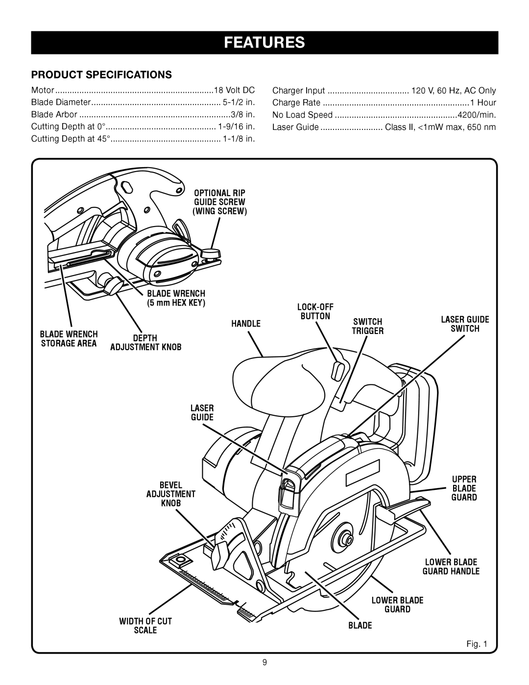 Ryobi P500 manual Features, Product Specifications 