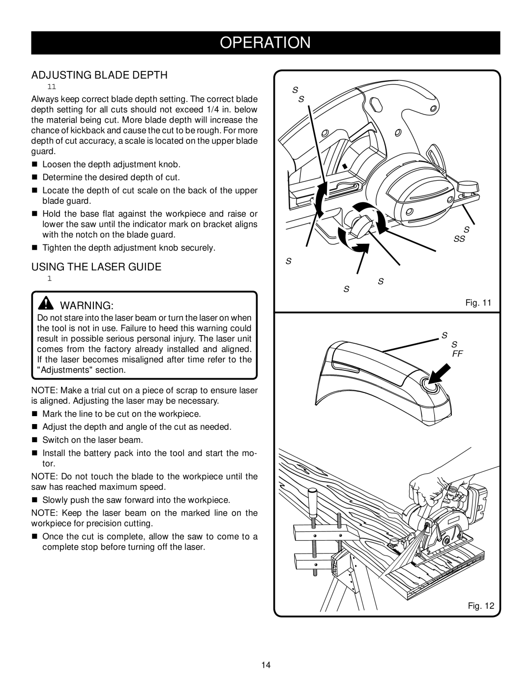 Ryobi P500 manual Adjusting Blade Depth, Using the Laser Guide, To Raise SAW Base Assembly 