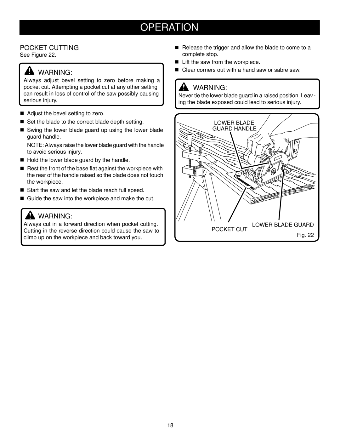 Ryobi P500 manual Pocket Cutting, Pocket CUT Lower Blade Guard 