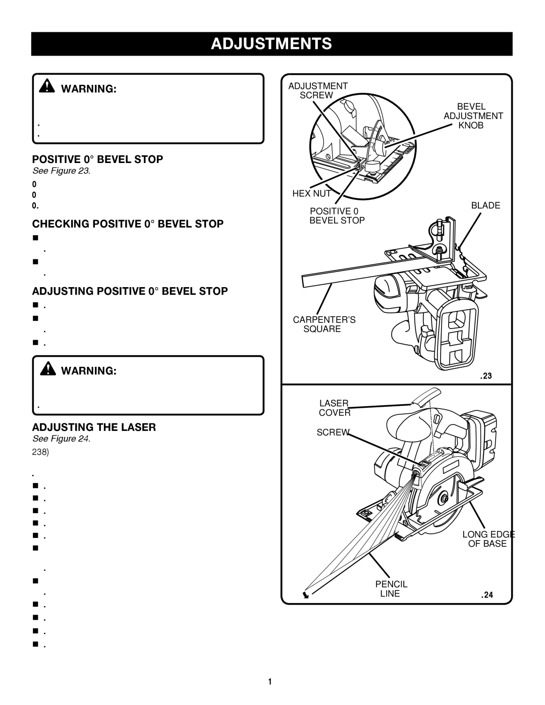 Ryobi P500 manual Adjustments, Checking Positive 0 Bevel Stop, Adjusting Positive 0 Bevel Stop, Adjusting the Laser 