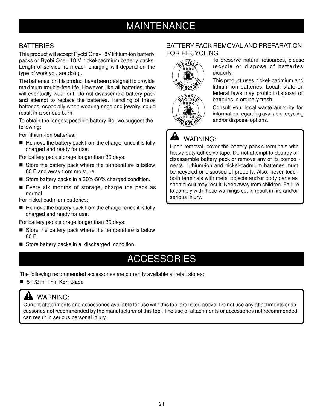 Ryobi P500 manual Accessories, Batteries, Battery Pack Removal and Preparation for Recycling 