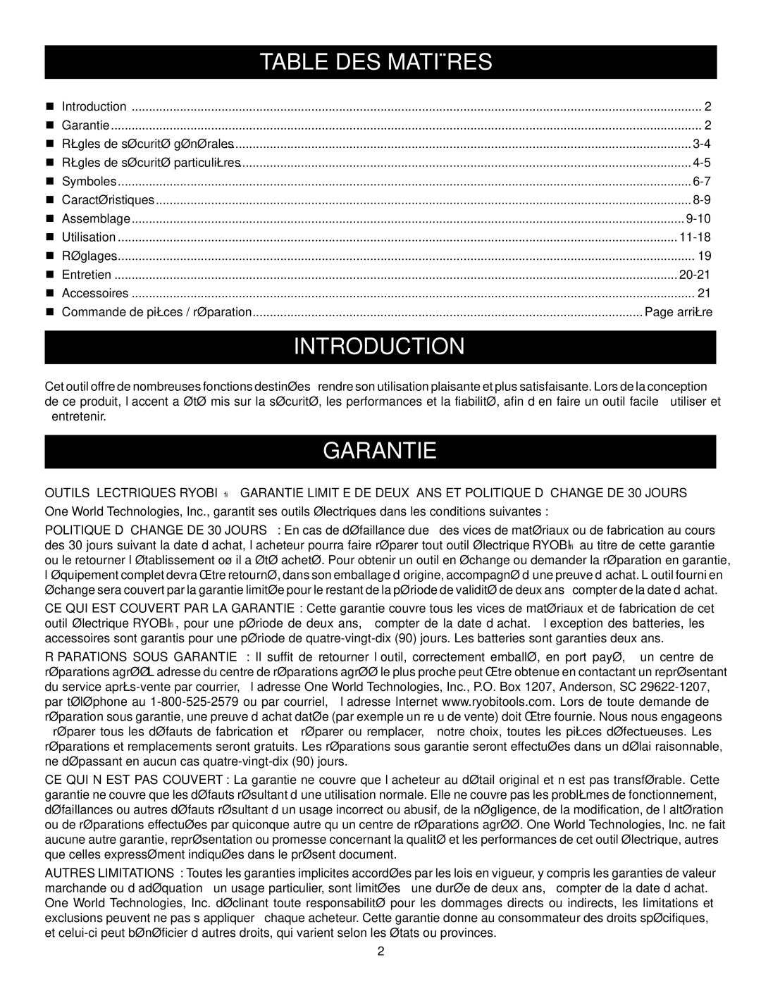 Ryobi P500 manual Garantie, Table DES Matières 