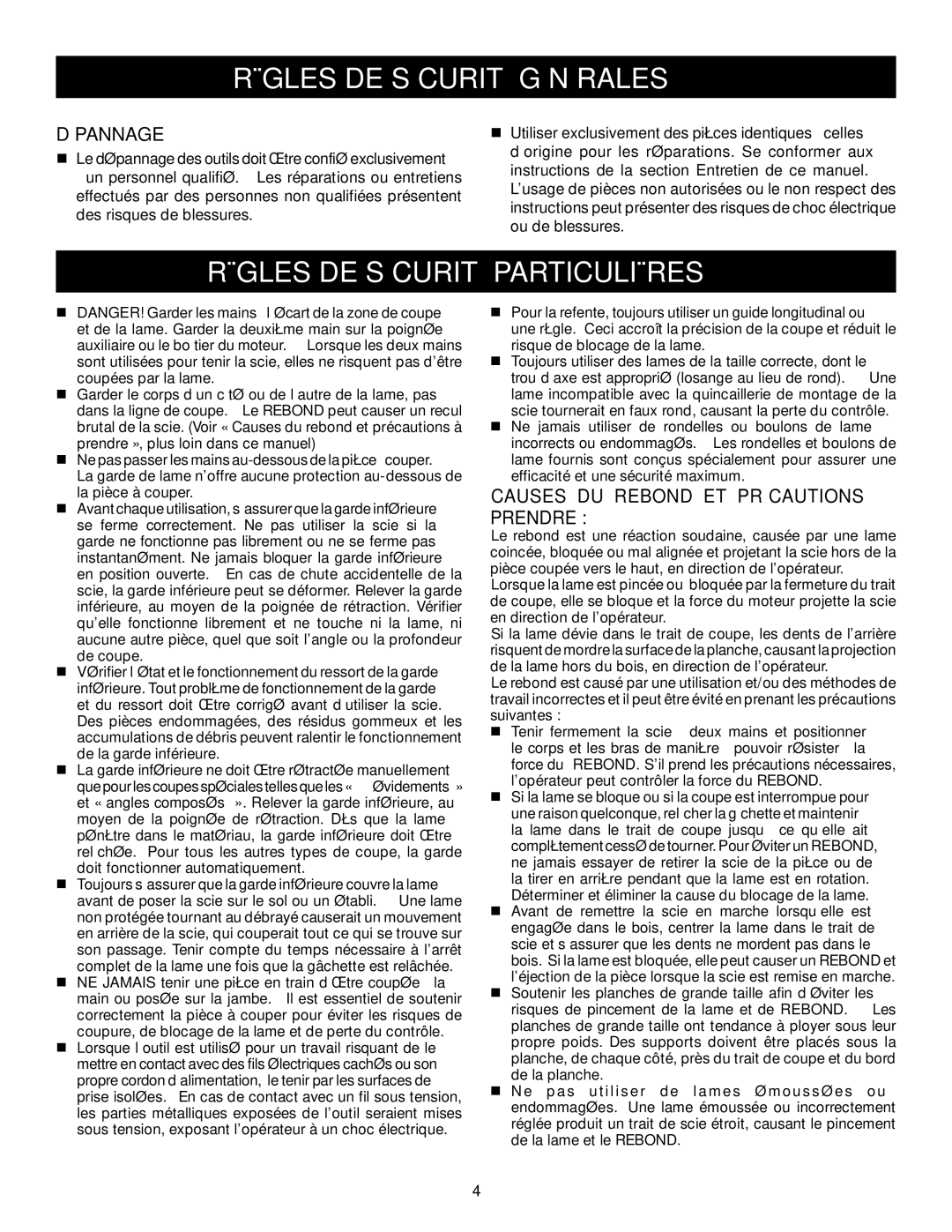 Ryobi P500 manual Règles DE Sécurité Particulières, Dépannage, Causes DU Rebond ET Précautions À Prendre 