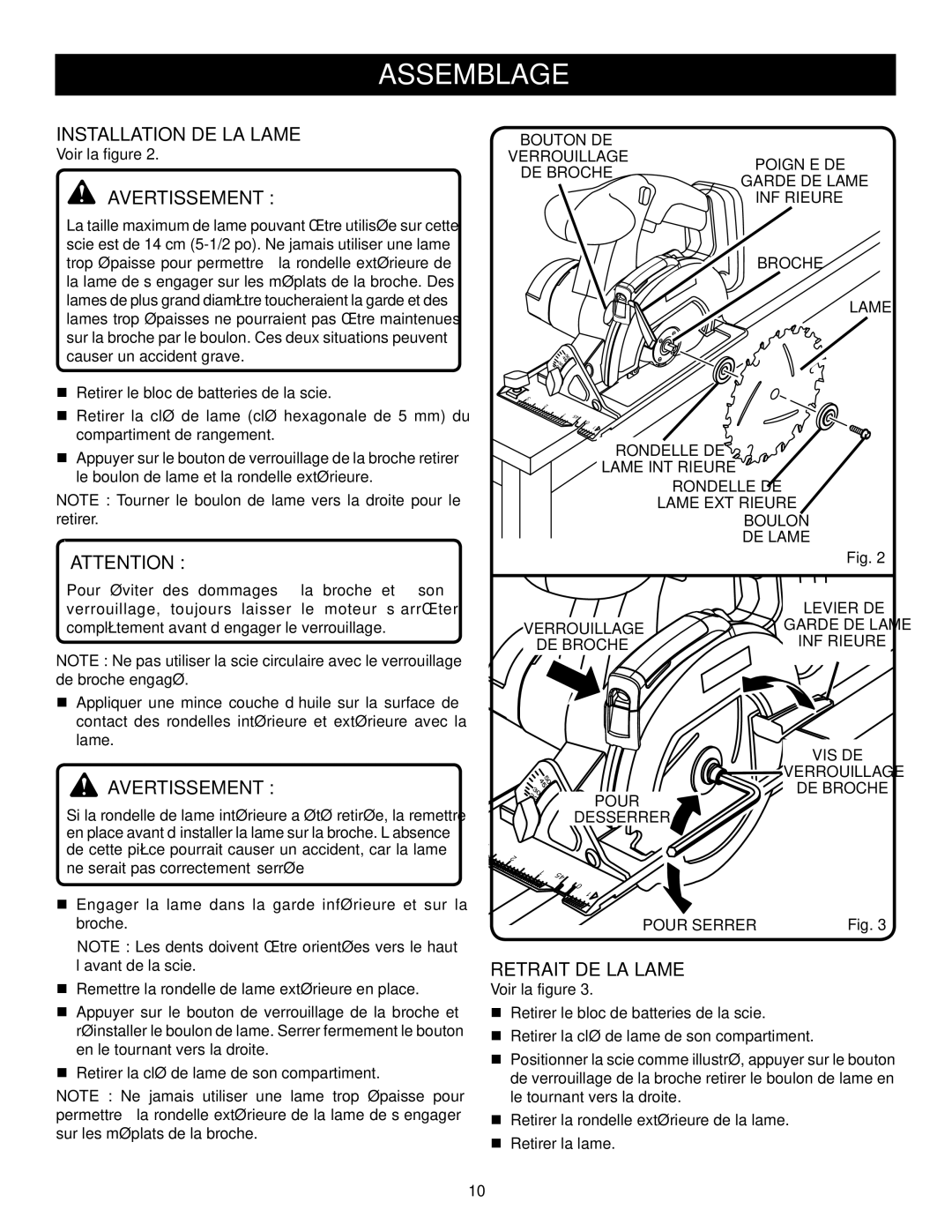 Ryobi P500 manual Installation DE LA Lame, Retrait DE LA Lame 