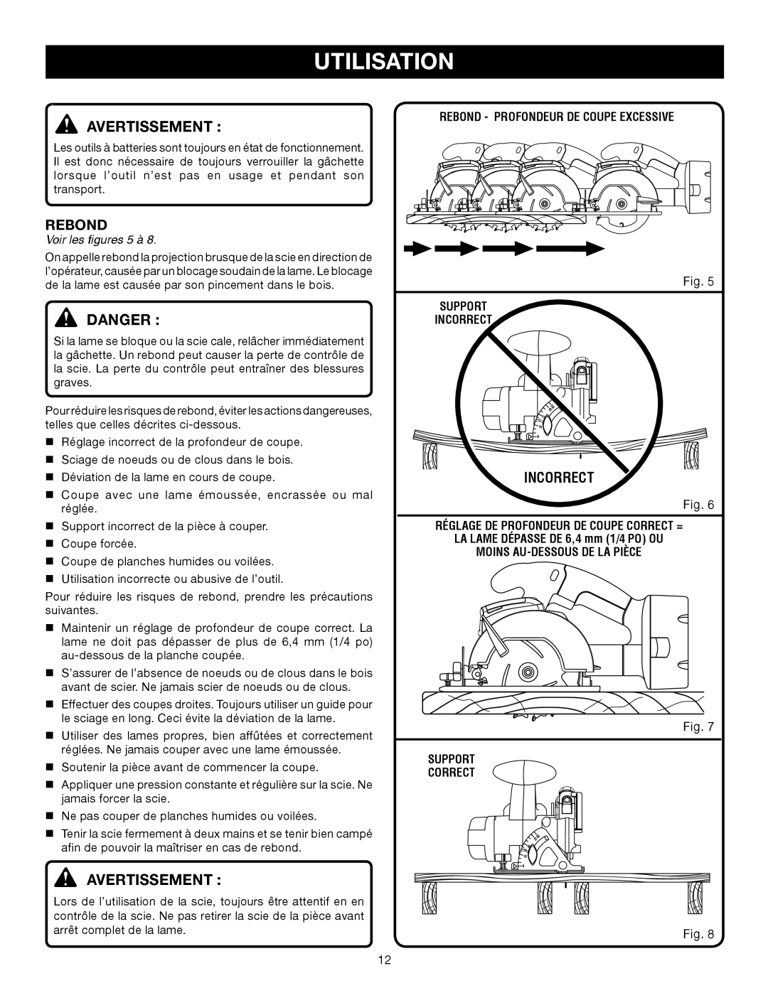 Ryobi P500 manual Rebond, Incorrect, Voir les figures 5 à 