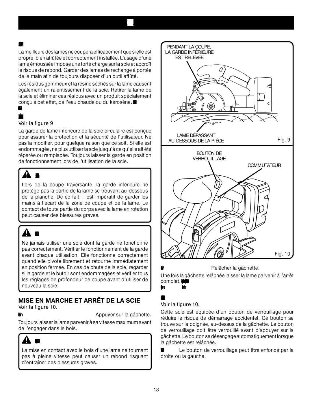 Ryobi P500 manual Lames DE Scie, Système DE Garde DE Lame, Mise EN Marche ET Arrêt DE LA Scie 