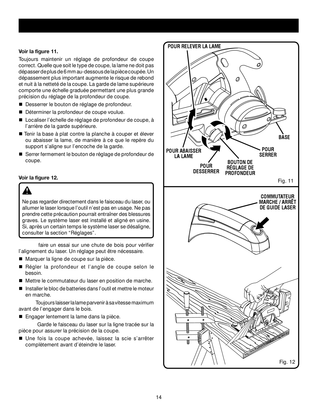 Ryobi P500 manual Réglage DE LA Profondeur DE Coupe, Utilisation DU Guide Laser, Pour Relever LA Lame Base, Serrer 