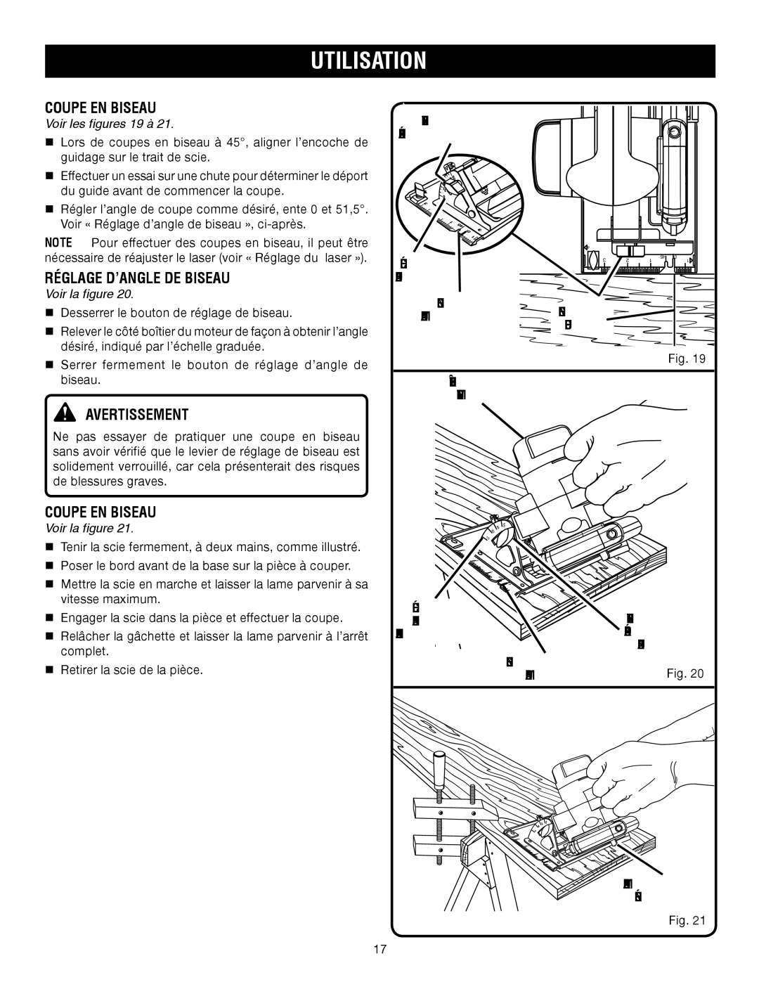 Ryobi P500 manual Coupe EN Biseau, Réglage D’ANGLE DE Biseau, Voir les figures 19 à, Bouton DE Réglage DE Biseau 