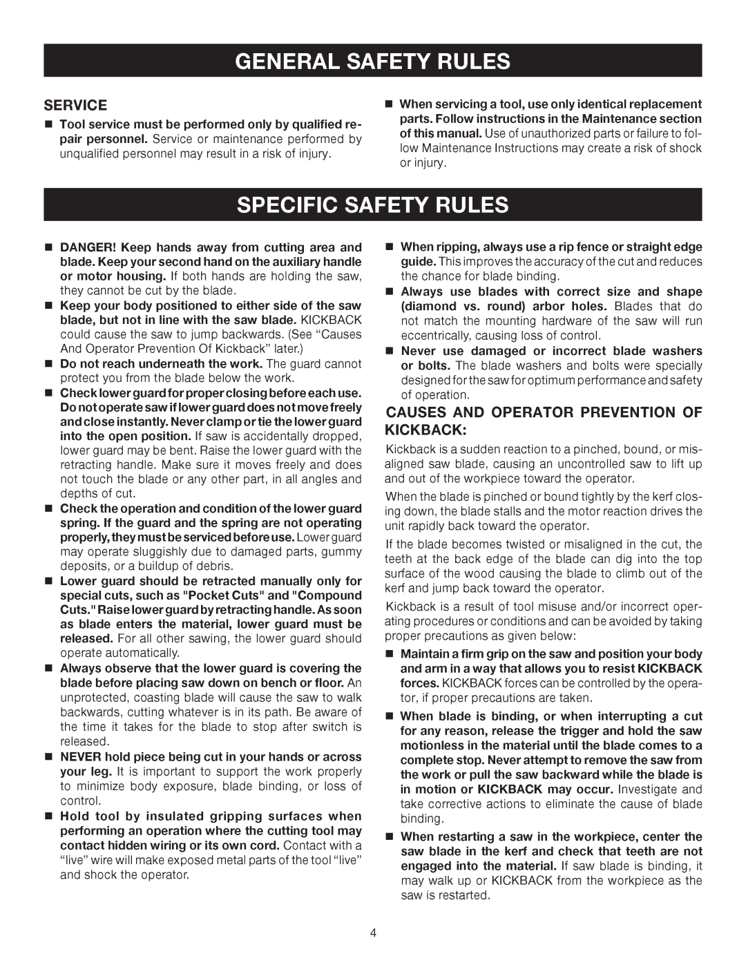 Ryobi P500 manual Specific Safety Rules, Service, Causes and Operator Prevention of Kickback 