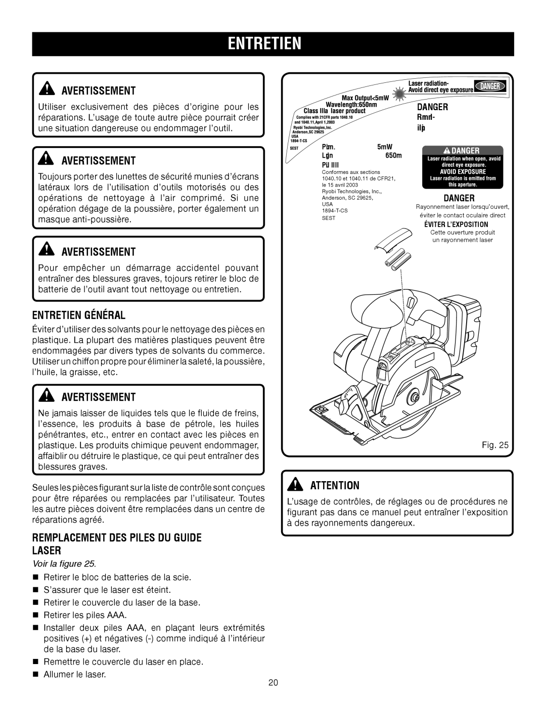 Ryobi P500 manual Entretien Général, Remplacement DES Piles DU Guide Laser 