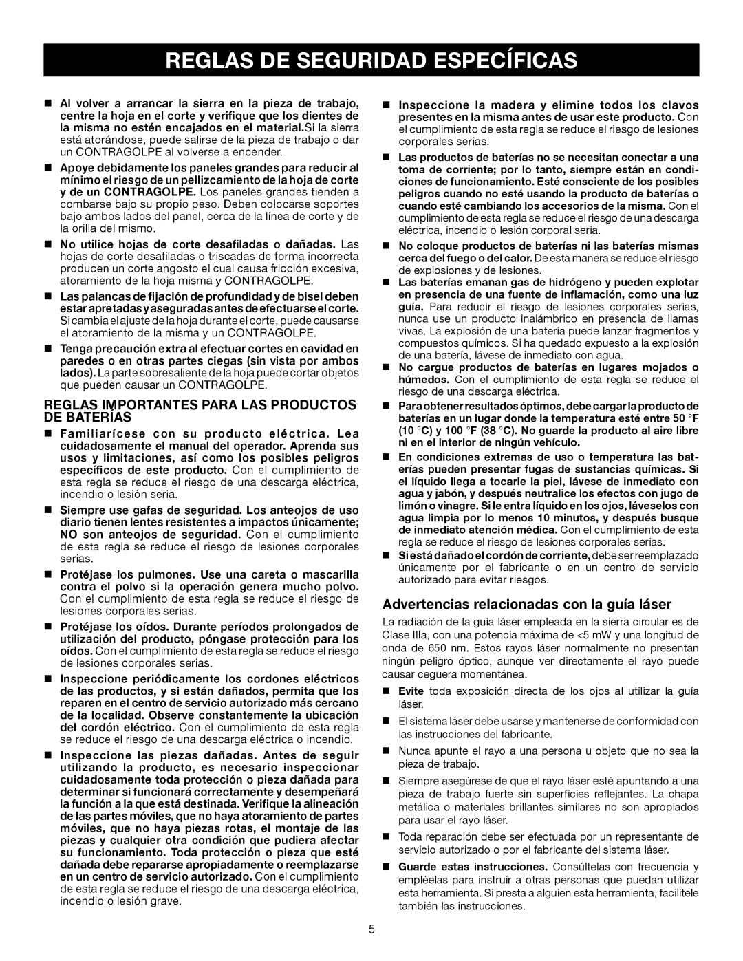 Ryobi P500 manual Reglas Importantes Para LAS Productos DE Baterías, Advertencias relacionadas con la guía láser 