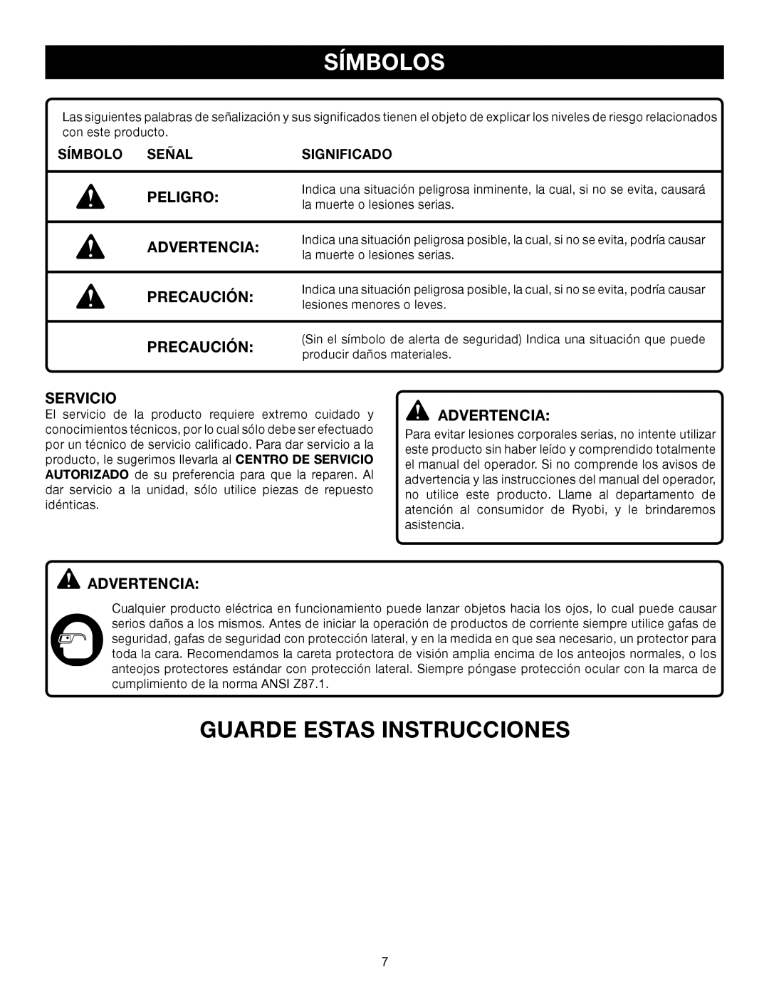 Ryobi P500 manual Peligro, Precaución, Servicio Advertencia, Símbolo Señal Significado 