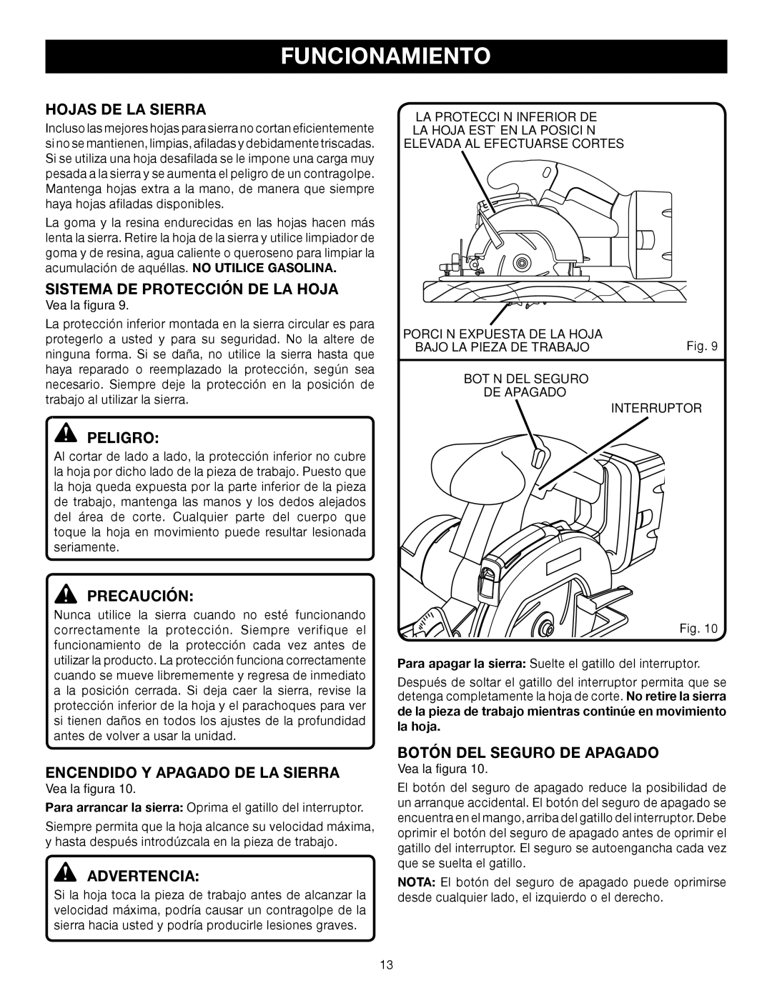 Ryobi P500 manual Hojas DE LA Sierra, Sistema DE Protección DE LA Hoja, Encendido Y Apagado DE LA Sierra, Interruptor 