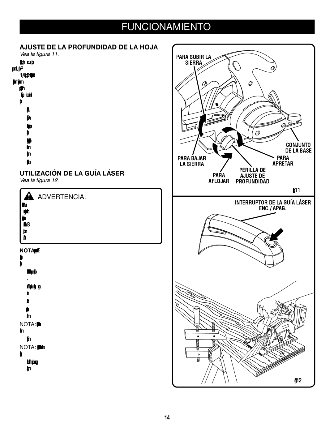 Ryobi P500 Ajuste DE LA Profundidad DE LA Hoja, Utilización DE LA Guía Láser, Para Subir LA Sierra Conjunto DE LA Base 