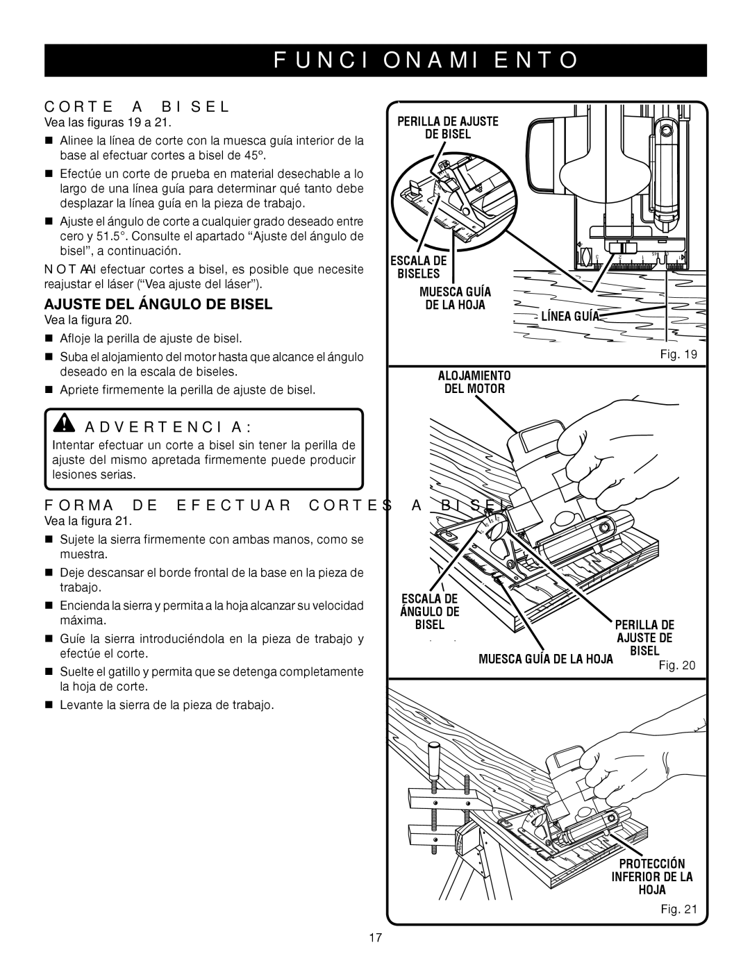 Ryobi P500 manual Corte a Bisel, Ajuste DEL Ángulo DE Bisel, Forma DE Efectuar Cortes a Bisel, Vea las figuras 19 a 