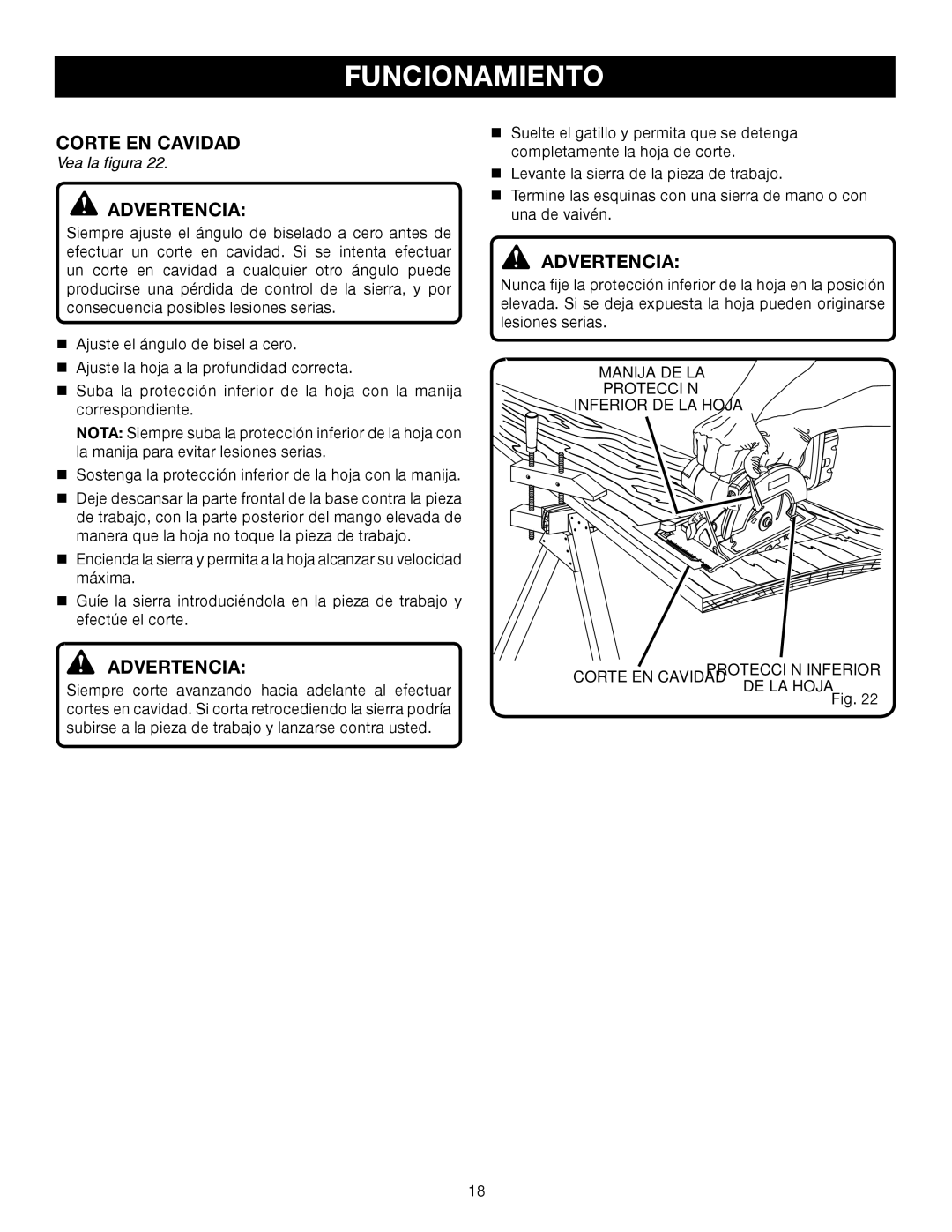 Ryobi P500 manual Corte EN Cavidad, Manija DE LA Protección Inferior DE LA Hoja 