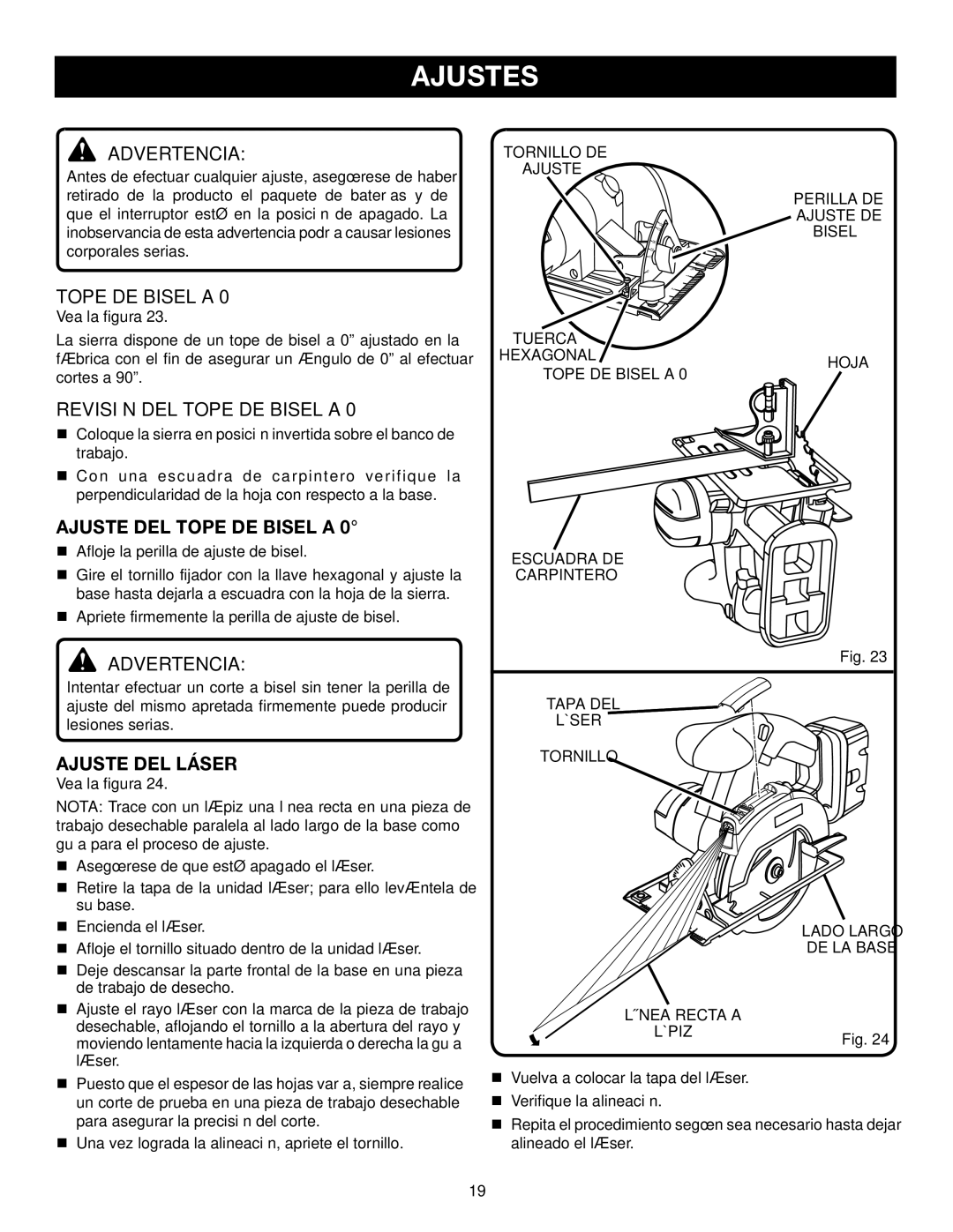 Ryobi P500 manual Ajustes, Revisión DEL Tope DE Bisel a, Ajuste DEL Tope DE Bisel a, Ajuste DEL Láser 