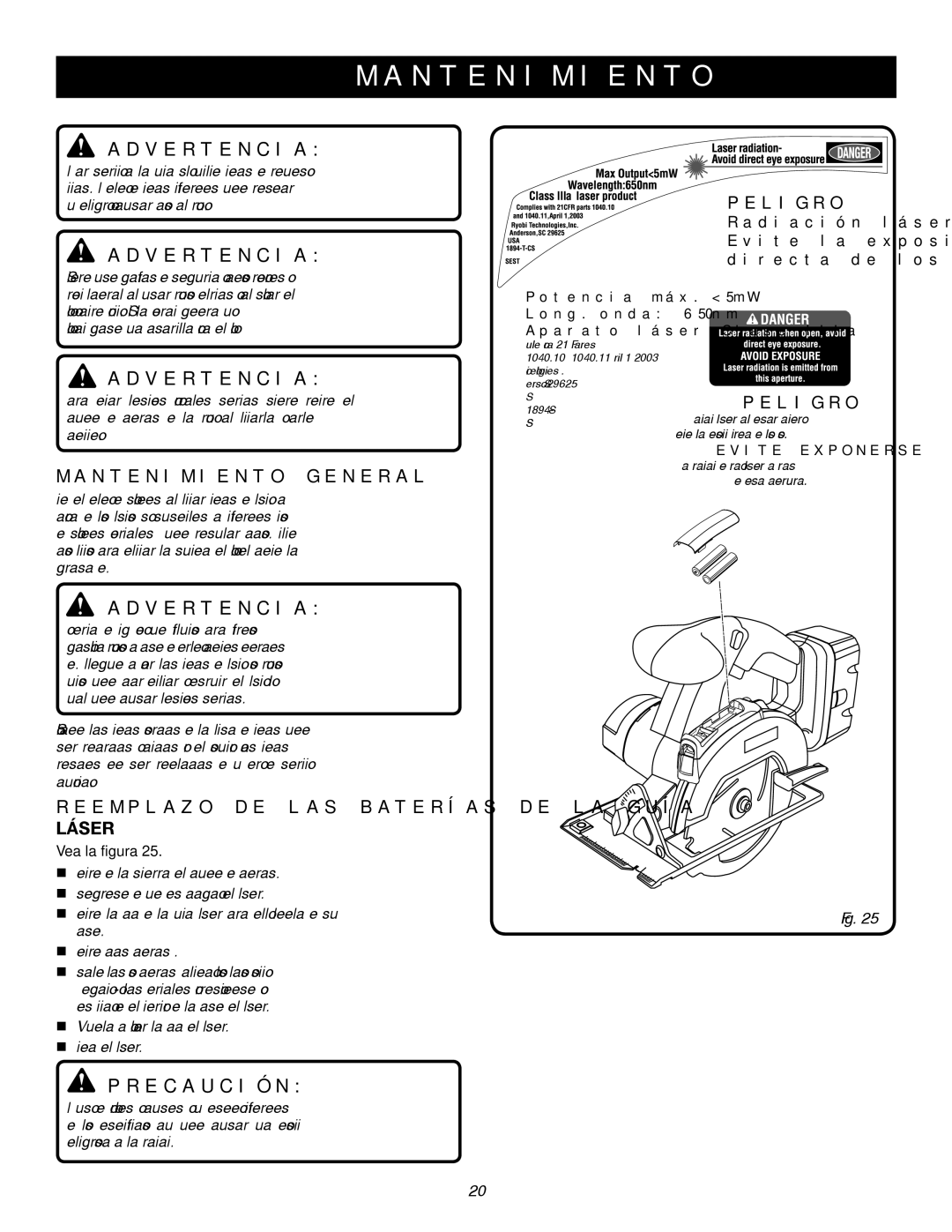 Ryobi P500 manual Mantenimiento General, Reemplazo DE LAS Baterías DE LA Guía Láser 