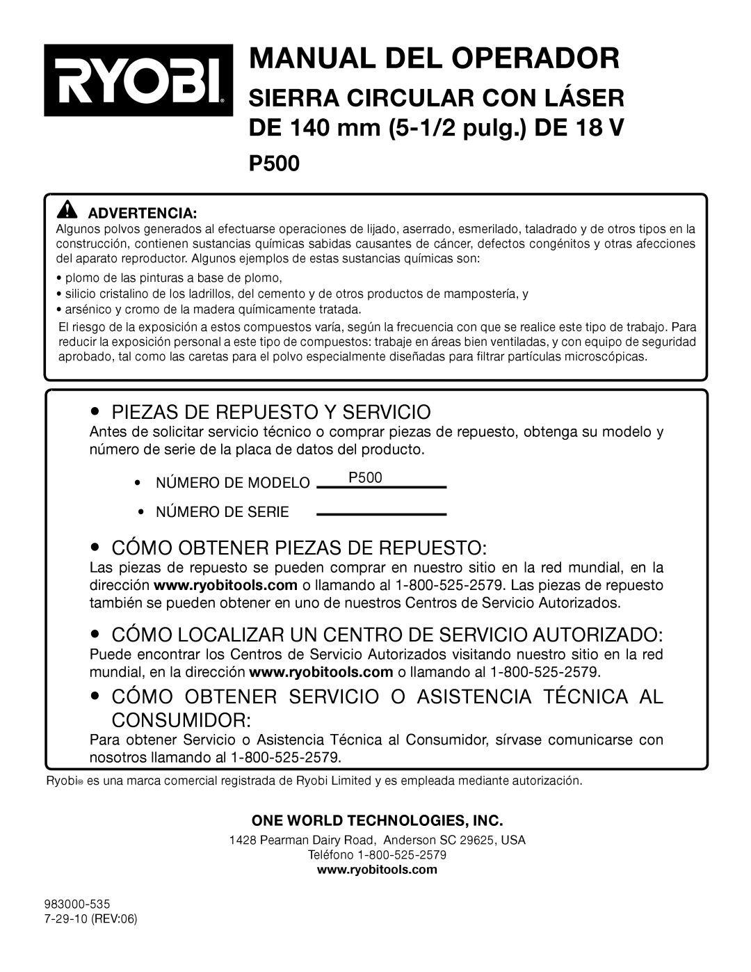 Ryobi P500 manual Piezas DE Repuesto Y Servicio, ONE World TECHNOLOGIES, INC 