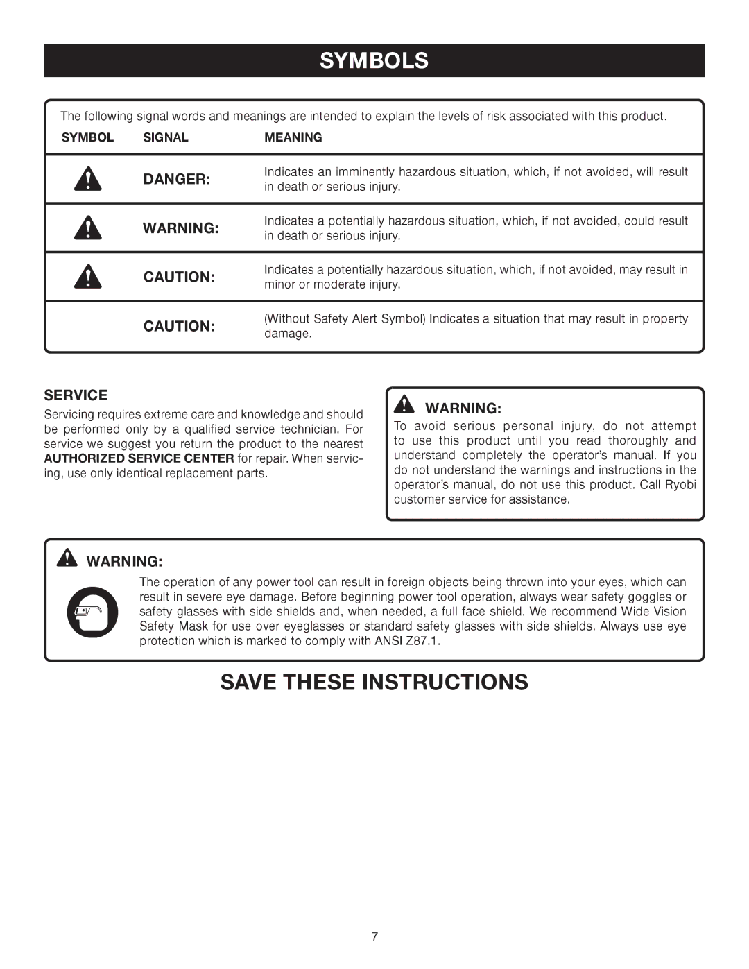 Ryobi P500 manual Service, Symbol Signal Meaning 