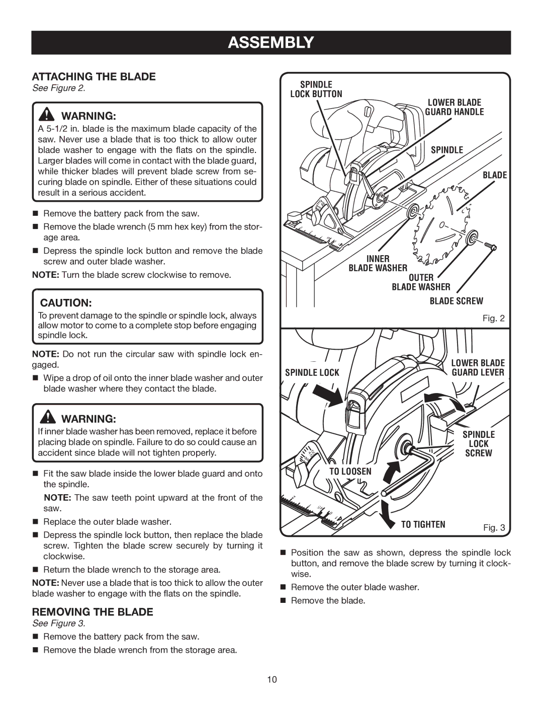 Ryobi P500 manual Attaching the Blade, Removing the Blade 