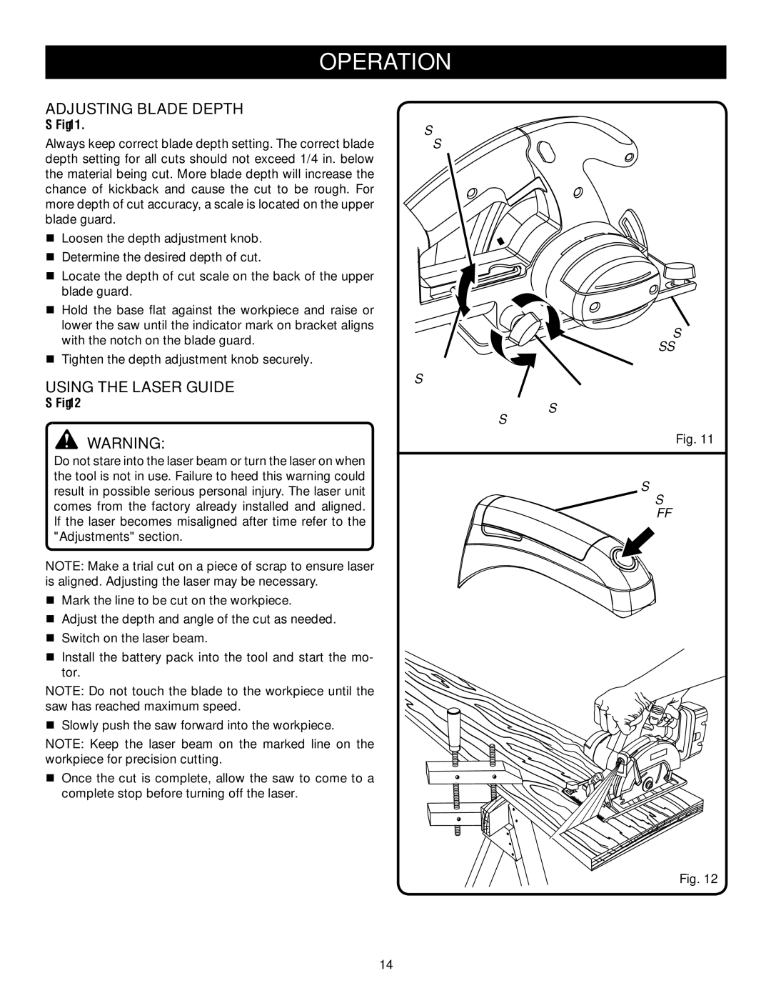 Ryobi P500 manual Adjusting Blade Depth, Using the Laser Guide, To Raise SAW Base Assembly 