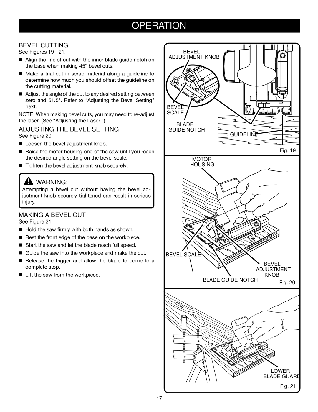 Ryobi P500 manual Bevel Cutting, Adjusting the Bevel Setting, Making a Bevel CUT, See Figures 19 