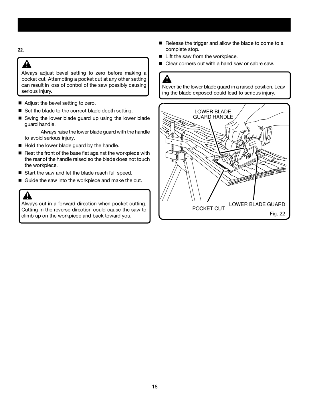 Ryobi P500 manual Pocket Cutting, Pocket CUT Lower Blade Guard 