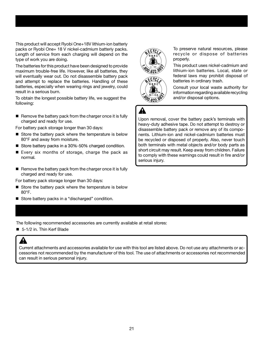 Ryobi P500 manual Accessories, Batteries, Battery Pack Removal and Preparation for Recycling 