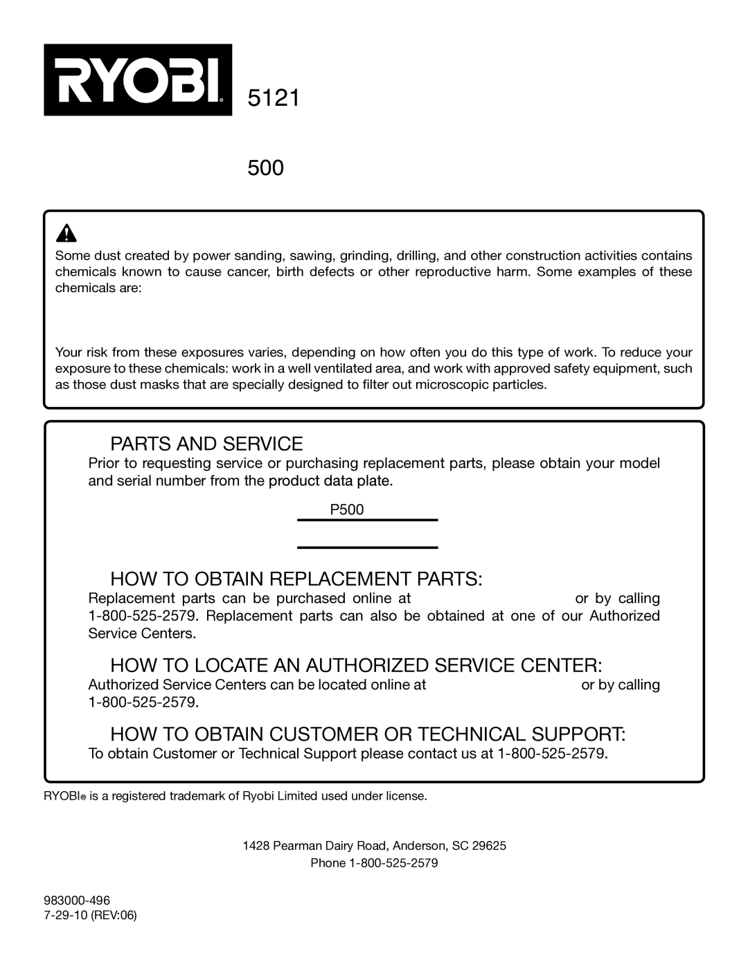 Ryobi P500 manual Parts and Service 