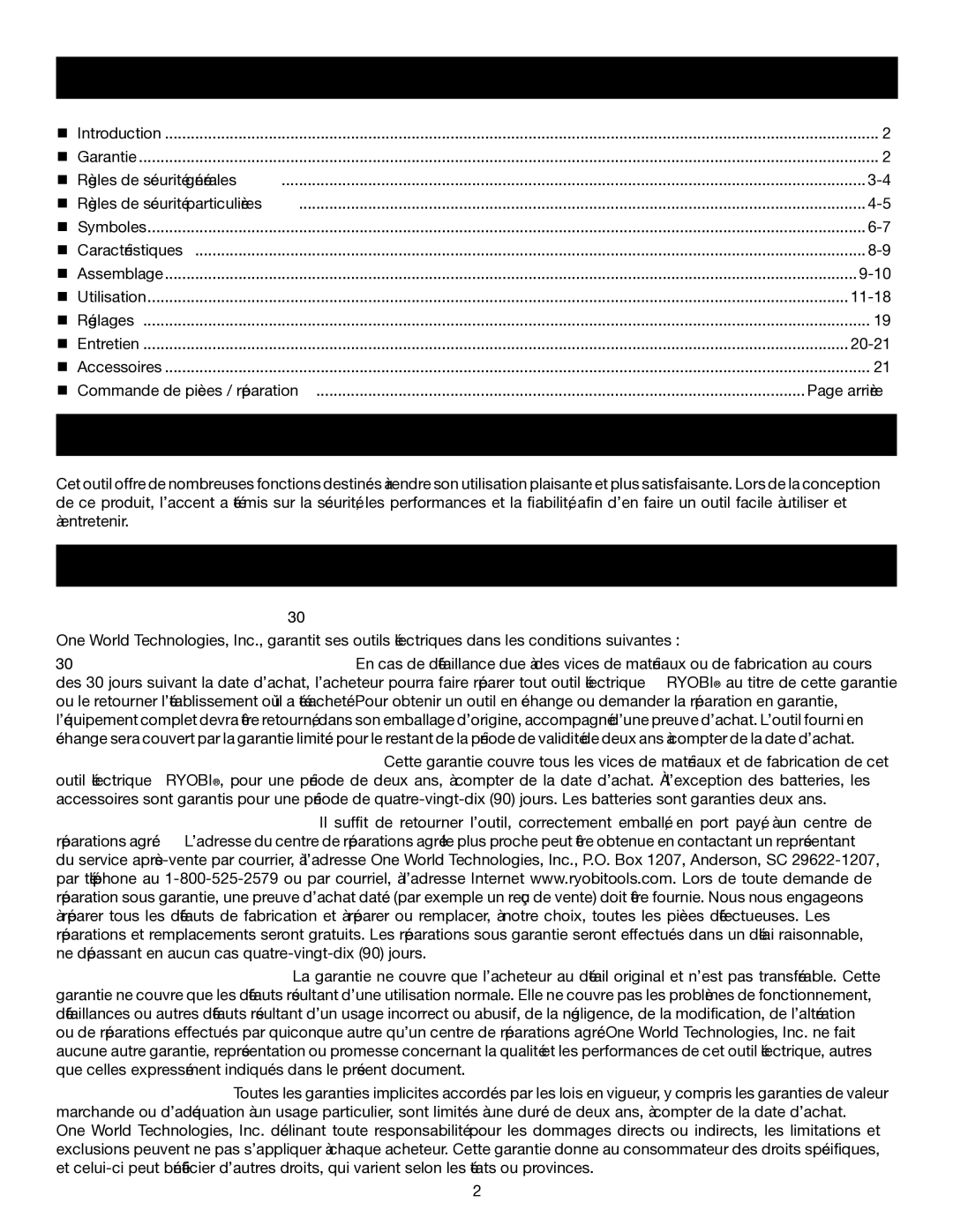 Ryobi P500 manual Garantie, Table DES Matières 