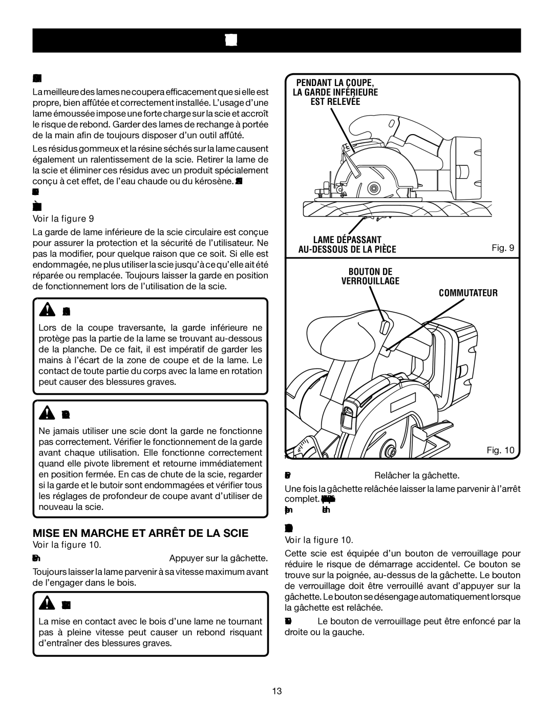 Ryobi P500 manual Lames DE Scie, Système DE Garde DE Lame, Mise EN Marche ET Arrêt DE LA Scie 