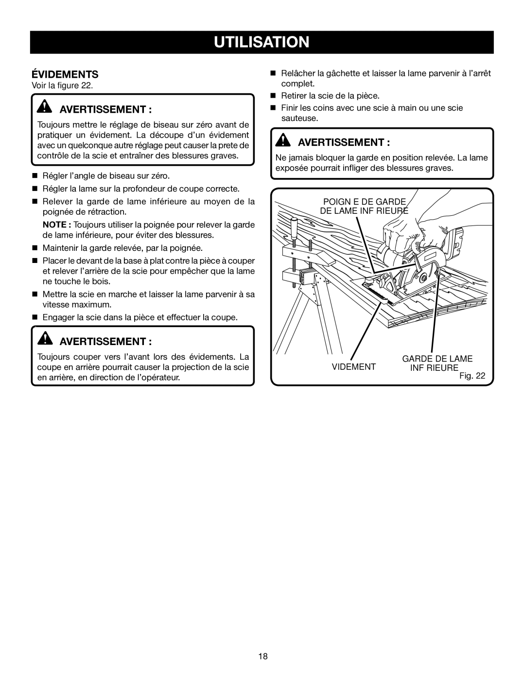 Ryobi P500 manual Évidements, Évidement Garde DE Lame 