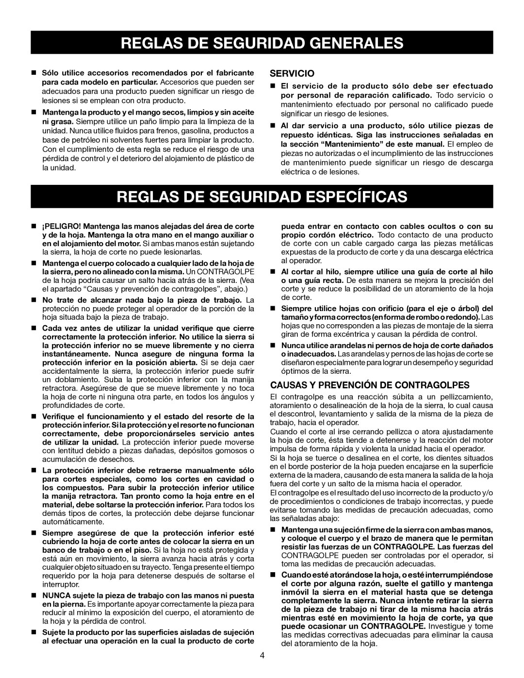 Ryobi P500 manual Reglas DE Seguridad Específicas, Servicio, Causas Y Prevención DE Contragolpes 