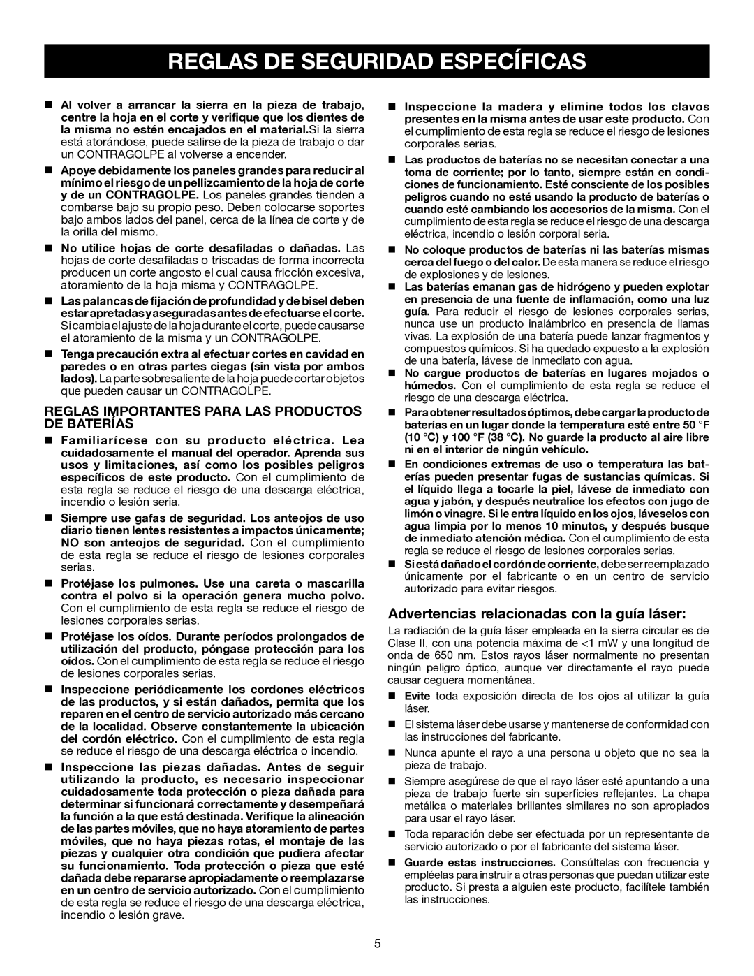 Ryobi P500 manual Reglas Importantes Para LAS Productos DE Baterías, Advertencias relacionadas con la guía láser 