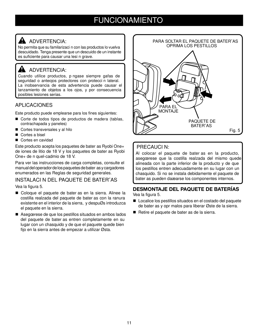 Ryobi P500 manual Funcionamiento, Aplicaciones, Instalación DEL Paquete DE Baterías, Desmontaje DEL Paquete DE Baterías 