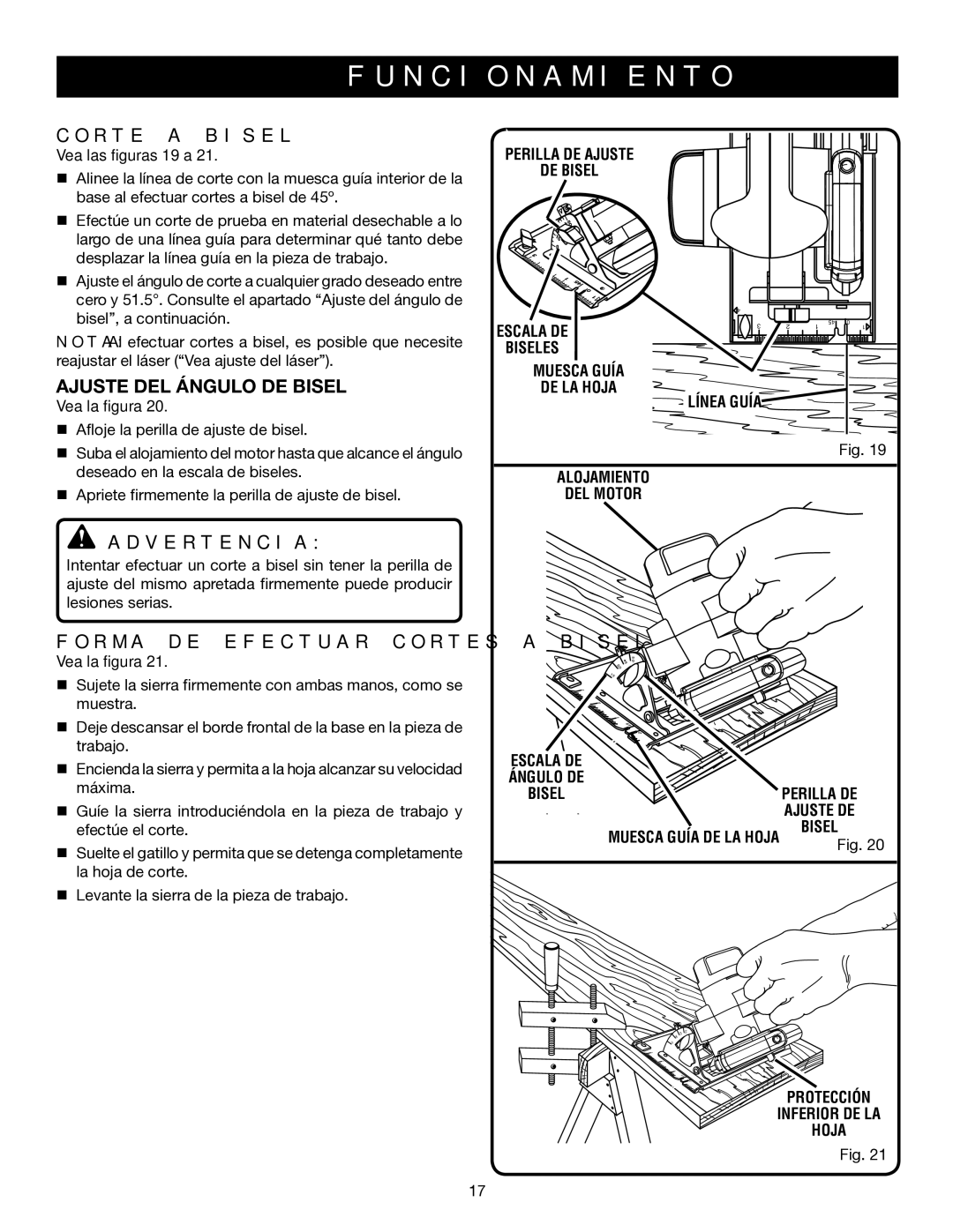 Ryobi P500 manual Corte a Bisel, Ajuste DEL Ángulo DE Bisel, Forma DE Efectuar Cortes a Bisel, Vea las figuras 19 a 