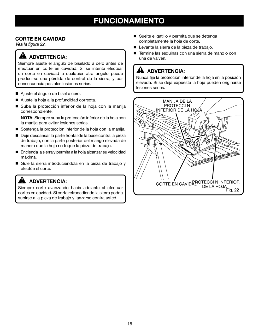 Ryobi P500 manual Corte EN Cavidad, Manija DE LA Protección Inferior DE LA Hoja 