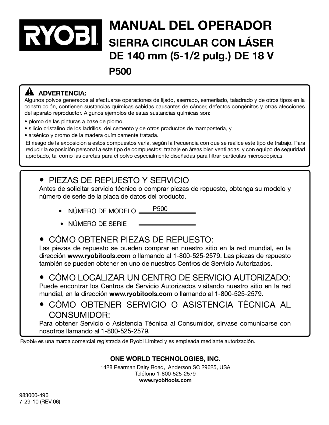 Ryobi P500 manual Piezas DE Repuesto Y Servicio, ONE World TECHNOLOGIES, INC 