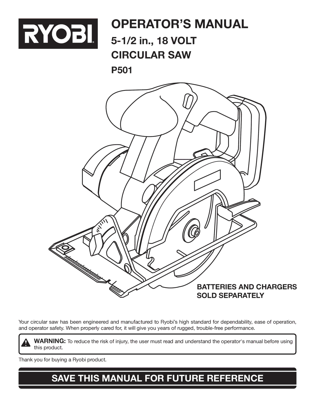 Ryobi P501 manual OPERATOR’S Manual, Save this Manual for Future Reference 